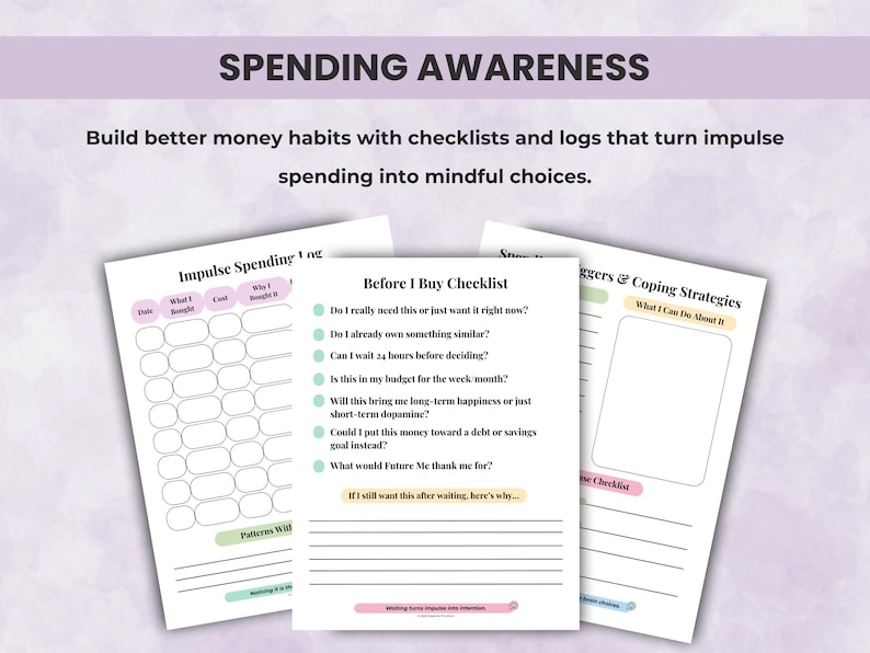 Impulse spending log and Before I Buy checklist with coping strategies to reduce impulse purchases and build mindful money habits.