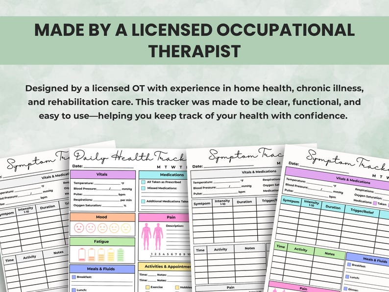 Therapist-created Daily Health and Symptom Tracker designed by a licensed occupational therapist for chronic illness, wellness, and caregiving.