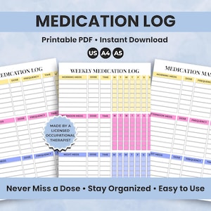 May include: A set of printable medication logs with the title "MEDICATION LOG". The logs include daily, weekly, and master lists, with sections for medication, dose, frequency, and time. The design is in pastel colors.
