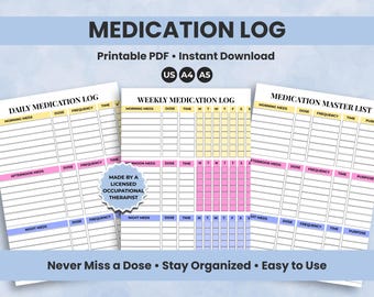 Medication Log Printable PDF, Daily Medicine Chart, Weekly Prescription Tracker, Medication List, Pill Schedule, Medical Log for Caregivers
