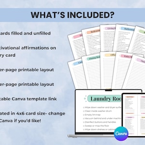 What’s included — 41 cleaning cards, editable Canva template, printable PDF files, prefilled and blank chore card layouts.