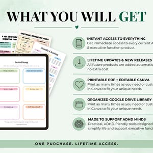 May include: A digital tablet displaying a Brain Dump planner page, surrounded by printed cards and sheets. The text reads WHAT YOU WILL GET, INSTANT ACCESS TO EVERYTHING, LIFETIME UPDATES, PRINTABLE PDF, EDITABLE CANVA, and ONE PURCHASE. LIFETIME ACCESS.