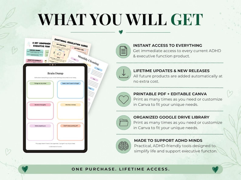 May include: A digital tablet displaying a Brain Dump planner page, surrounded by printed cards and sheets. The text reads WHAT YOU WILL GET, INSTANT ACCESS TO EVERYTHING, LIFETIME UPDATES, PRINTABLE PDF, EDITABLE CANVA, and ONE PURCHASE. LIFETIME ACCESS.