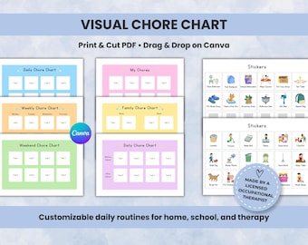 Visual Chore Chart for Kids, Printable Visual Schedule with Editable Chore Stickers, Canva Template