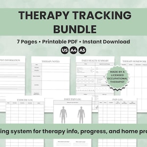 Pode incluir: Um pacote digital de rastreamento de terapia com páginas PDF imprimíveis. Inclui formulários para informações do terapeuta, notas de terapia, registros de exercícios e registros de dor. O pacote também apresenta um resumo diário de saúde e um rastreador de tarefas.