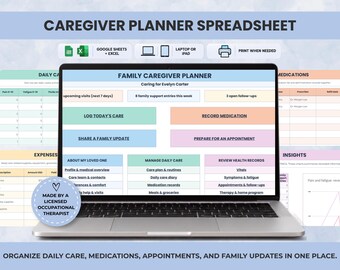 Caregiver Planner Spreadsheet for Google Sheets & Excel: Elderly Parent Care Organizer