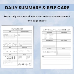 Daily summary caregiver logs including meals, medications, self-care, and wellness tracking for elderly care