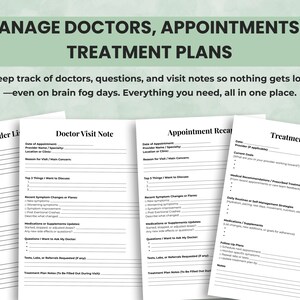 Medical appointment logs and treatment plan templates — track provider visits, notes, and ongoing care for chronic illness