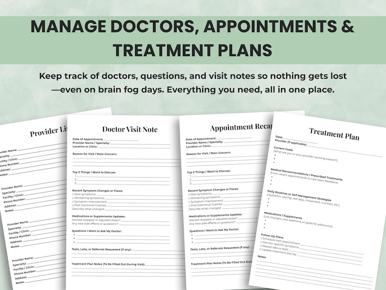 Medical appointment logs and treatment plan templates — track provider visits, notes, and ongoing care for chronic illness
