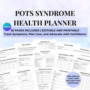 POTS Syndrome & Dysautonomia Planner,  Symptom Tracker, Medical Alert Card (PDF)