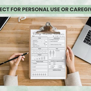 Person writing on health tracking printable on clipboard — ideal for caregivers and personal health management.