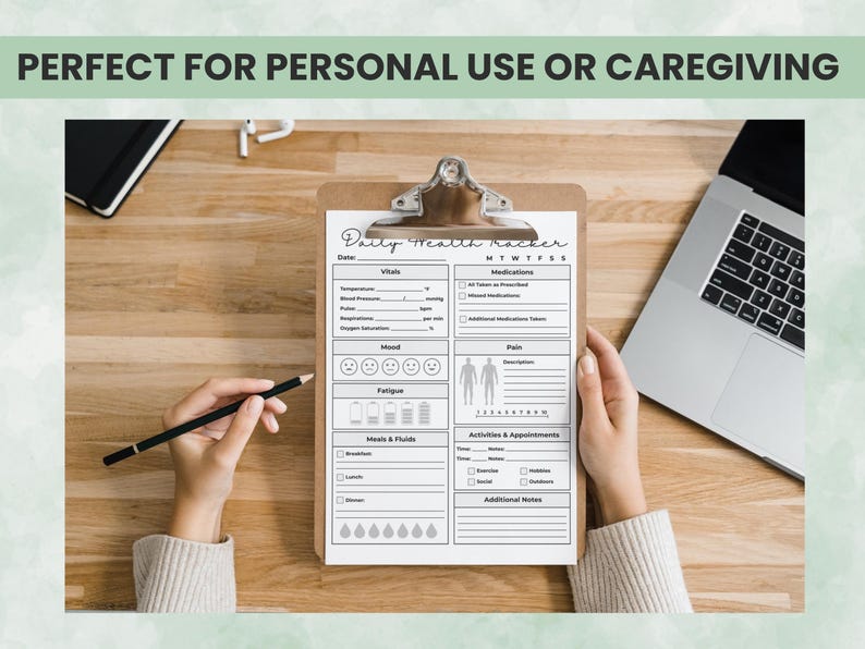 Person writing on health tracking printable on clipboard — ideal for caregivers and personal health management.