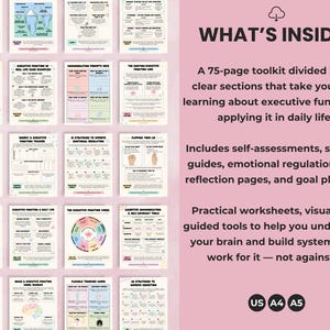 Preview of toolkit pages with title ‘What’s Inside’ showing colorful printable worksheets for emotional regulation, executive skills, and therapy sessions.
