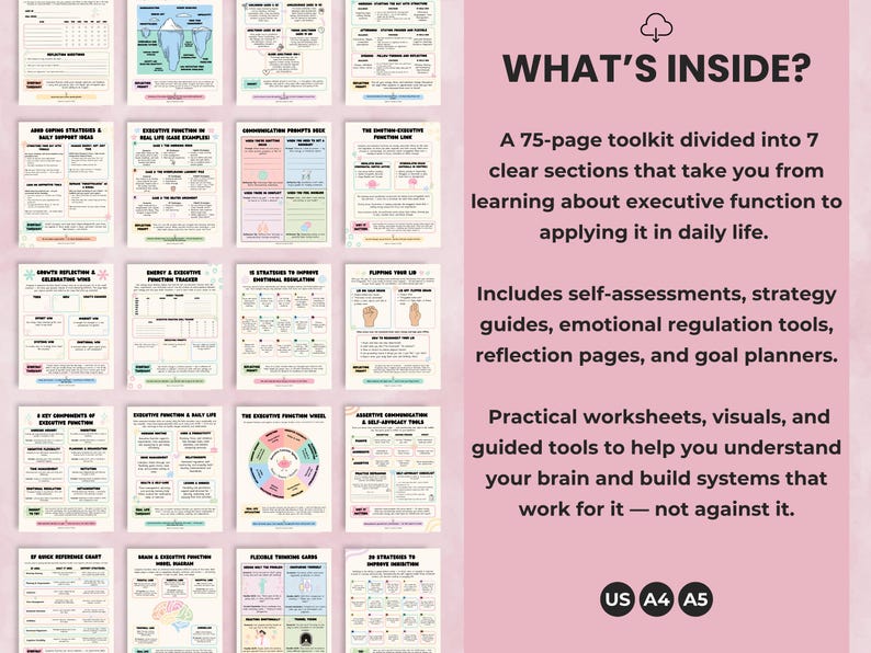 Preview of toolkit pages with title ‘What’s Inside’ showing colorful printable worksheets for emotional regulation, executive skills, and therapy sessions.