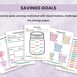 Savings pages including jar tracker, sinking funds, roadmap, and colorful savings challenges for ADHD-friendly financial motivation.