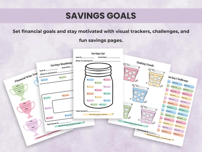 Savings pages including jar tracker, sinking funds, roadmap, and colorful savings challenges for ADHD-friendly financial motivation.