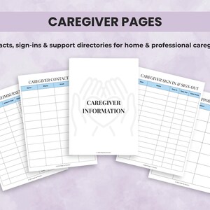 Caregiver planner forms including daily logs, care plans, and tracking sheets for home care
