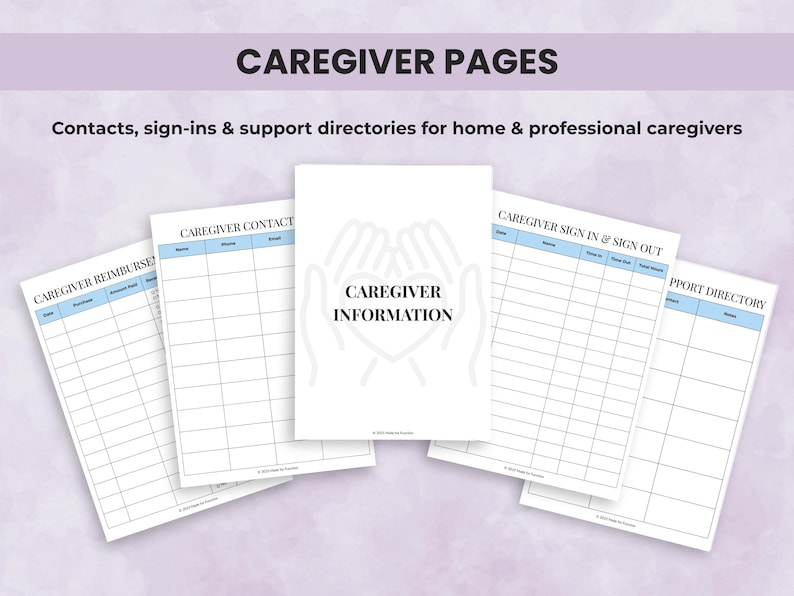 Caregiver planner forms including daily logs, care plans, and tracking sheets for home care