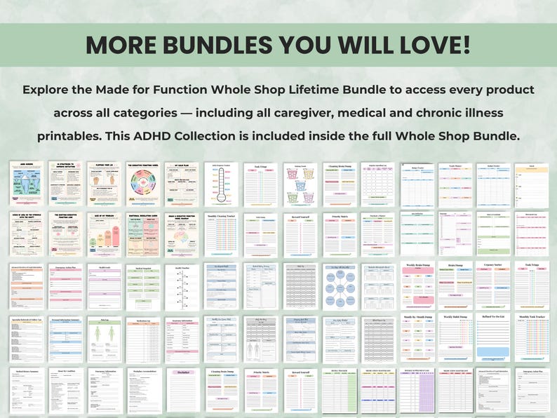 More Made for Function planner bundles displayed with titles for caregiver, medical, and executive function collections.