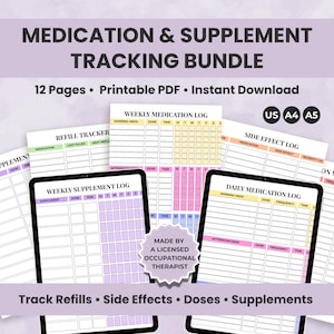 Puede incluir: Un paquete de hojas imprimibles para el seguimiento de medicamentos y suplementos. Las hojas incluyen registros diarios y semanales, rastreadores de recarga y registros de efectos secundarios. El paquete está disponible en tamaños US Letter, A4 y A5. El texto de la imagen dice "Track Refills • Side Effects • Doses • Supplements."