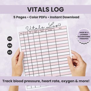 Vital Signs Log Printable Template, Blood Pressure, Heart Rate, & Oxygen Tracker, for Caregivers, Chronic Illness, Nurses, Home Health