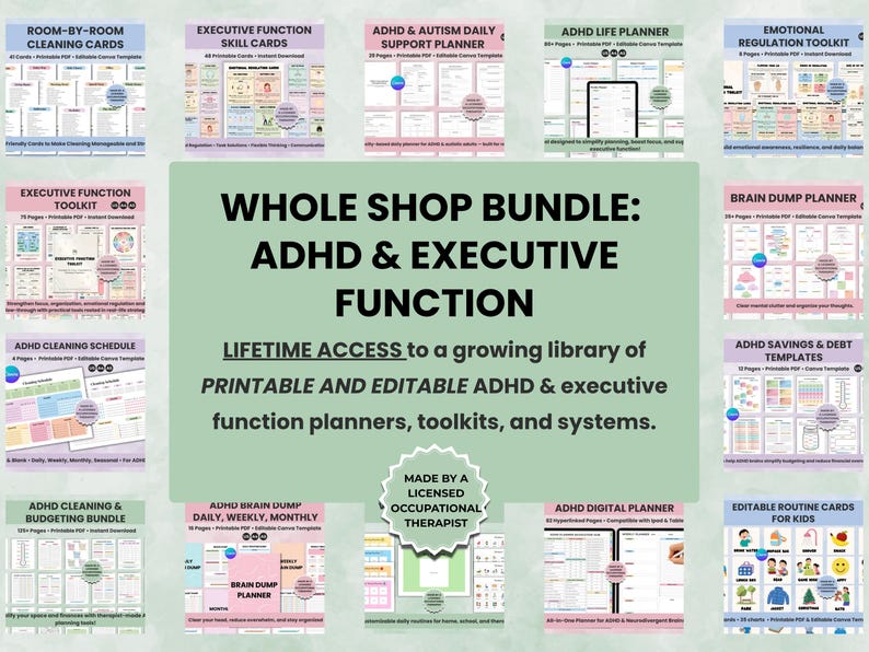 ADHD planner bundle printable with executive function worksheets, brain dump pages, and productivity tools overview