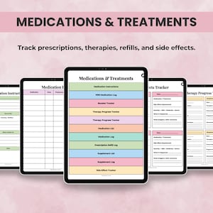 Digital Medical Planner pages for medication list, prescription log, refill tracker, therapy notes, and side effect tracking.