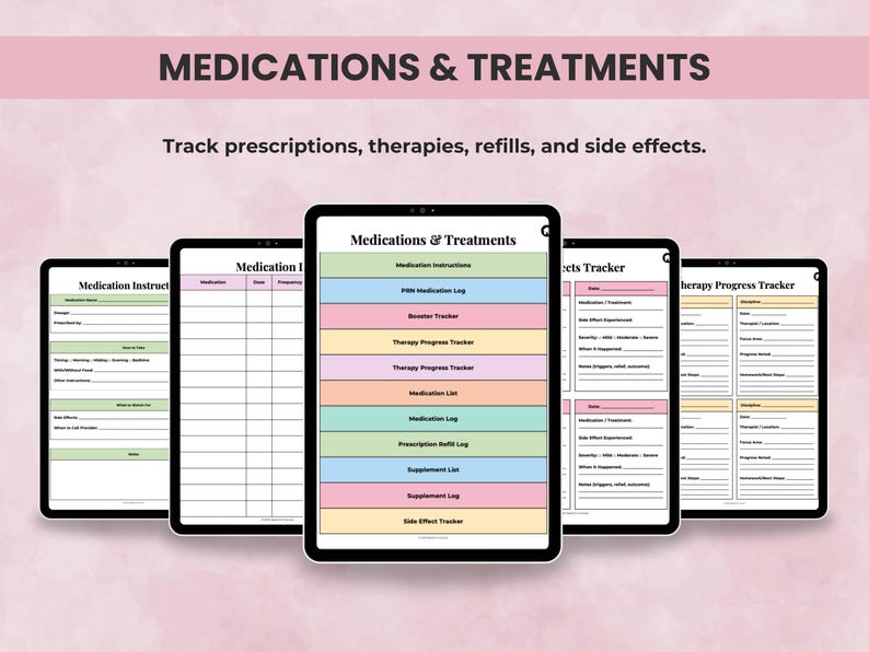 Digital Medical Planner pages for medication list, prescription log, refill tracker, therapy notes, and side effect tracking.