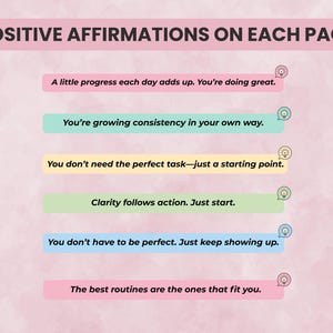 Sample ADHD brain dump pages with uplifting affirmations and motivational quotes for encouragement and executive function support.