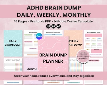 ADHD Brain Dump-sjablonen, dagelijks wekelijks maandelijks planner afdrukbaar, prioriteitenmatrix, takenlijst, productiviteitsplanner, taaktracker, A4, A5