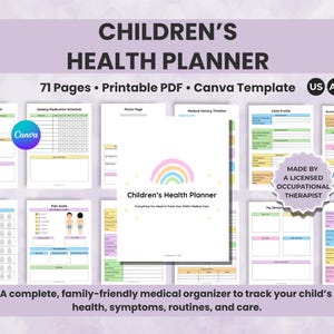 以下が含まれることがあります： 71ページの印刷可能な子供の健康プランナー。CanvaテンプレートとUS、A4、A5サイズがあります。病歴、投薬スケジュール、症状追跡のセクションが含まれています。表紙は虹のデザインです。