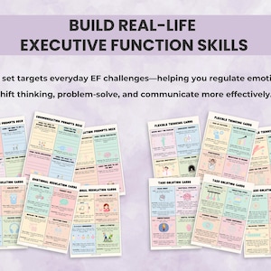 Alt text: Executive function flashcards teaching practical EF strategies for emotional regulation, problem-solving, and communication. Printable cards designed for therapists and neurodivergent adults.