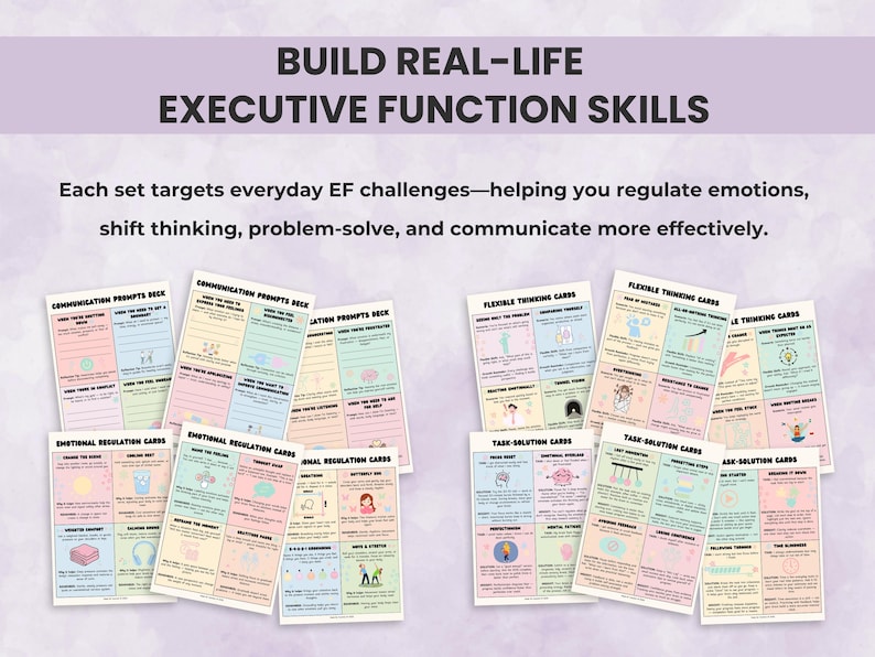 Alt text: Executive function flashcards teaching practical EF strategies for emotional regulation, problem-solving, and communication. Printable cards designed for therapists and neurodivergent adults.