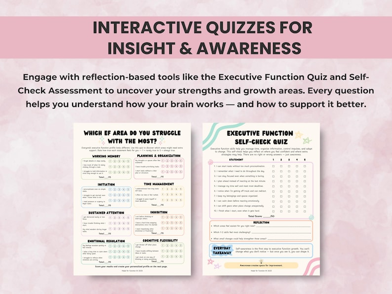 Printable executive function quizzes and checklists for self-assessment and therapy insight — great for teens, adults, and educators.