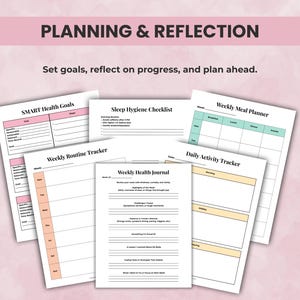 Health Binder pages for setting goals, journaling, tracking progress, and annual health reflections.