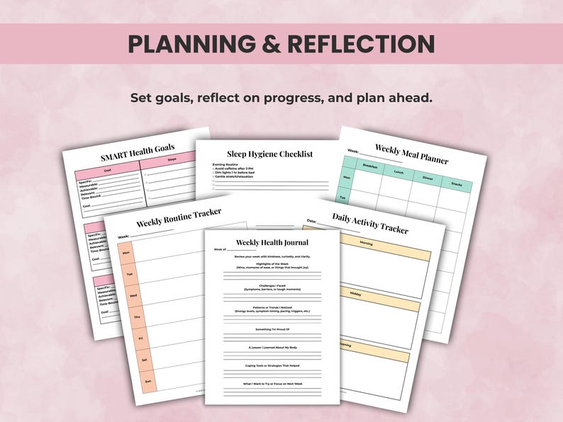 Health Binder pages for setting goals, journaling, tracking progress, and annual health reflections.