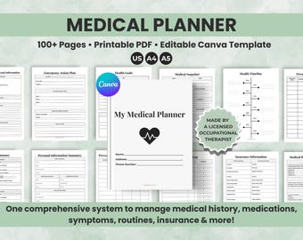 Medical Planner Printable, Editable Medical Binder, Chronic Illness Health Planner, Symptom Tracker, Medical History Log, Medical Records