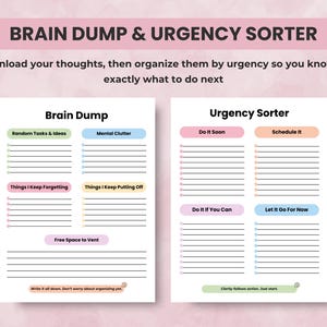 Brain dump template with space for thoughts, mental clutter, and venting paired with urgency sorter page for prioritizing do, schedule, delegate, or let go.
