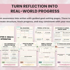 Goal-setting and action-planning pages that turn executive function reflection into practical, real-world results for ADHD and neurodivergent users.