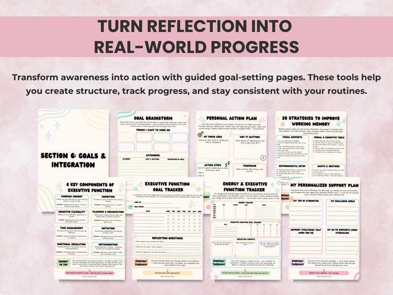 Goal-setting and action-planning pages that turn executive function reflection into practical, real-world results for ADHD and neurodivergent users.