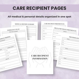 Care recipient pages for elderly care — emergency contacts, medical history, personal preferences, and notes