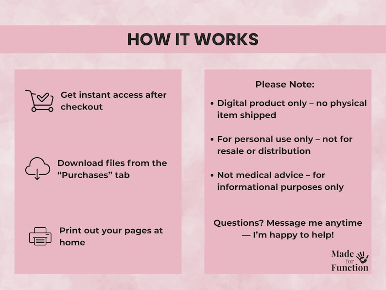 How it works steps for printable ADHD executive function worksheets, instant digital download instructions