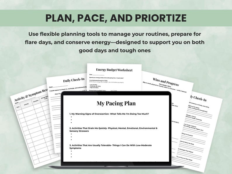 Chronic illness planning worksheets for pacing, daily priorities, and managing routines with fatigue-friendly strategies