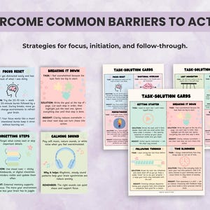 Task-Solution Cards focusing on executive function skills for initiation, focus, and follow-through. Printable EF flashcards for therapy, ADHD, and productivity support.