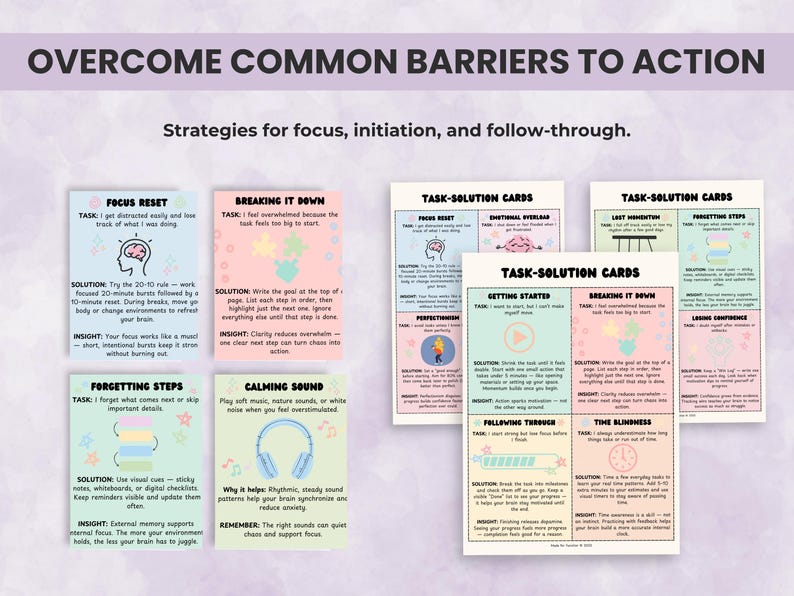 Task-Solution Cards focusing on executive function skills for initiation, focus, and follow-through. Printable EF flashcards for therapy, ADHD, and productivity support.