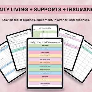 Medical Planner pages for energy budget, daily routines, flare toolkit, meal planning, equipment and supports, insurance claims, and expense tracking.