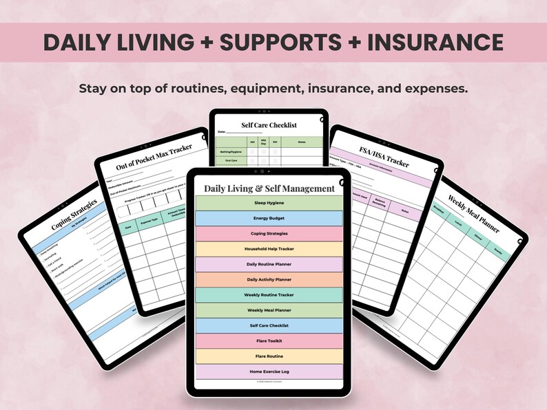 Medical Planner pages for energy budget, daily routines, flare toolkit, meal planning, equipment and supports, insurance claims, and expense tracking.