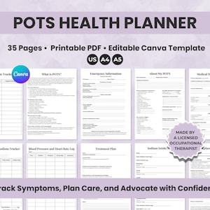 Op de afbeelding: Een afdrukbare POTS Health Planner met 35 pagina's, ontworpen als een bewerkbare Canva-sjabloon. De planner bevat secties voor het volgen van dagelijkse symptomen, hydratatie, bloeddruk en behandelplannen. Gemaakt door een erkende ergotherapeut.