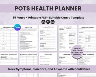 POTS Syndrome Planner, Symptom Tracker, Editable Medical Binder (PDF, Canva Template)