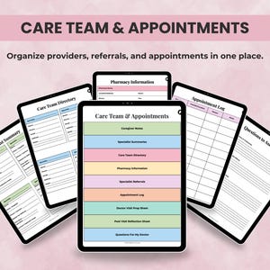 Health Planner pages to organize provider directory, appointment prep sheets, visit notes, and care team details for medical coordination.